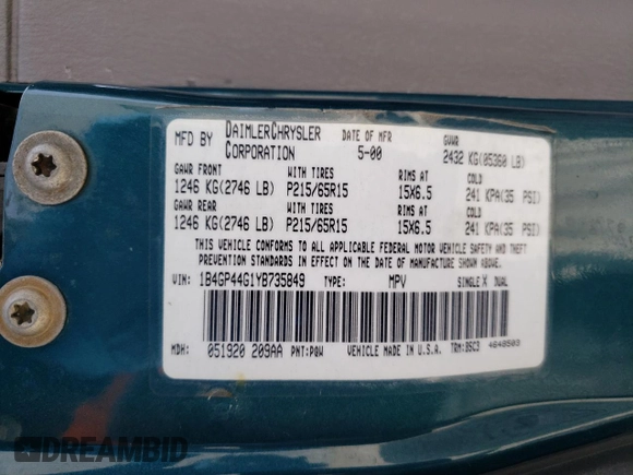 2000 Dodge Caravan SE z VIN 1B4GP44G1YB735849, wystawiony jako Copart lot #49924075 z przebiegiem 184 031 mil mil oraz Szkoda całkowita • Salvage title. Historia ofert i sprzedaży dostępna na DreamBid. Obrazek 15.