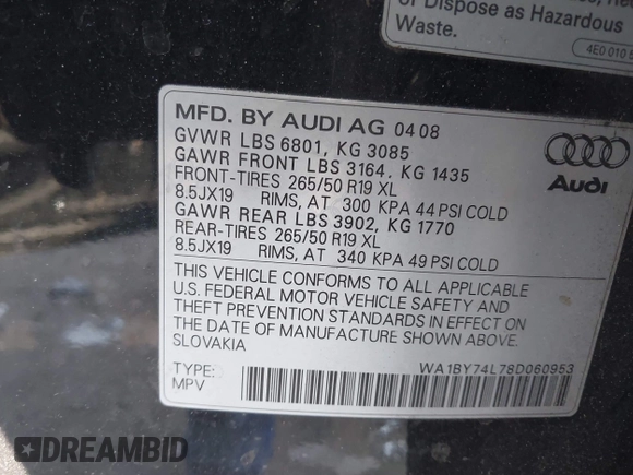 2008 Audi Q7 Premium with VIN WA1BY74L78D060953, listed as a IAAI auction lot 41370485 with 172,000 mi miles and . Bid and sale history available at DreamBid. Image 9.