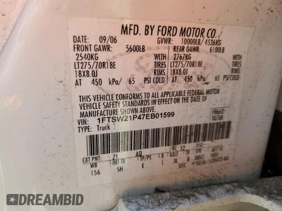 2007 Ford F-250 XL z VIN 1FTSW21P47EB01599, wystawiony jako Copart lot #57261035 z przebiegiem 152 671 mil mil oraz Szkoda całkowita • Salvage title. Historia ofert i sprzedaży dostępna na DreamBid. Obrazek 12.