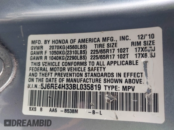 2011 Honda CR-V LX with VIN 5J6RE4H33BL035819, listed as a IAAI auction lot 41791275 with 179,436 mi miles. Bid and sale history available at carsss.com. Image 9.