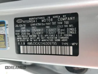 2017 Hyundai Tucson Value z VIN KM8J3CA21HU309795, wystawiony jako Copart lot #54085695 z przebiegiem 63 478 mil mil oraz Szkoda całkowita • Salvage title. Historia ofert i sprzedaży dostępna na DreamBid. Obrazek 13.