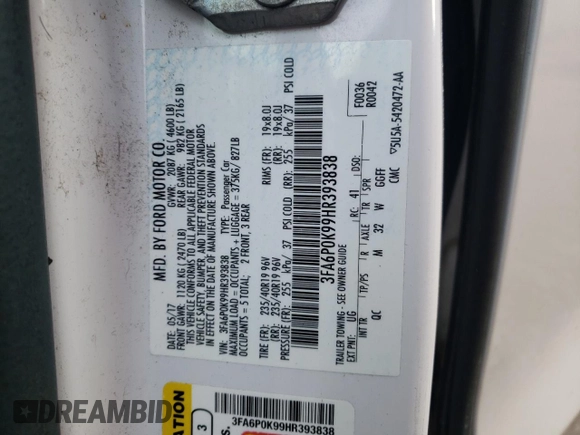 2017 Ford Fusion Titanium with VIN 3FA6P0K99HR393838, listed as a Copart auction lot 46489415 with 54,055 mi miles and Salvage Title. Bid and sale history available at carsss.com. Image 13.