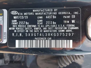 2019 Kia Optima LX with VIN 5XXGT4L38KG375297, listed as a IAAI auction lot 42269791 with 123,631 mi miles and . Bid and sale history available at DreamBid. Image 9.