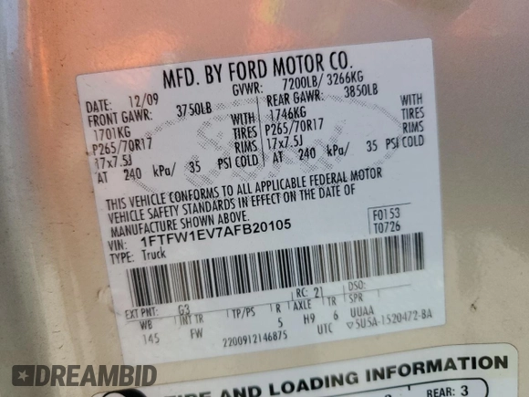 2010 Ford F-150 XL with VIN 1FTFW1EV7AFB20105, listed as a Copart auction lot 57966625 with 306,781 mi miles and Salvage title. Bid and sale history available at DreamBid. Image 12.