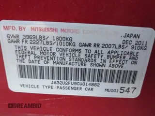 2012 Mitsubishi Lancer ES with VIN JA32U2FU9CU014882, listed as a IAAI auction lot 42158588 with 145,500 mi miles and . Bid and sale history available at DreamBid. Image 9.