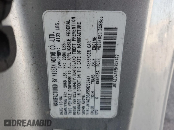 2005 Nissan 350Z Touring with VIN JN1AZ36A55M753747, listed as a Copart auction lot 79503024 with Not provided miles and Salvage title. Bid and sale history available at DreamBid. Image 14.