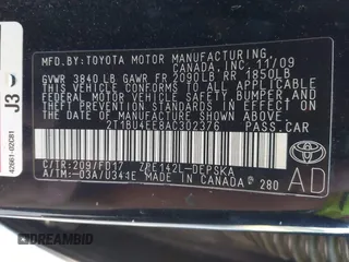 2010 Toyota Corolla with VIN 2T1BU4EE8AC302376, listed as a IAAI auction lot 42565980 with 168,002 mi miles and . Bid and sale history available at DreamBid. Image 9.