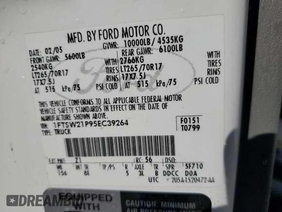 2005 Ford F-250 XL with VIN 1FTSW21P95EC39264, listed as a Copart auction lot 49738785 with Not provided miles and Salvage title. Bid and sale history available at DreamBid. Image 12.