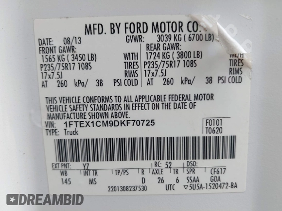 2013 Ford F-150 XL with VIN 1FTEX1CM9DKF70725, listed as a IAAI auction lot 42359320 with 227,910 mi miles and . Bid and sale history available at DreamBid. Image 9.