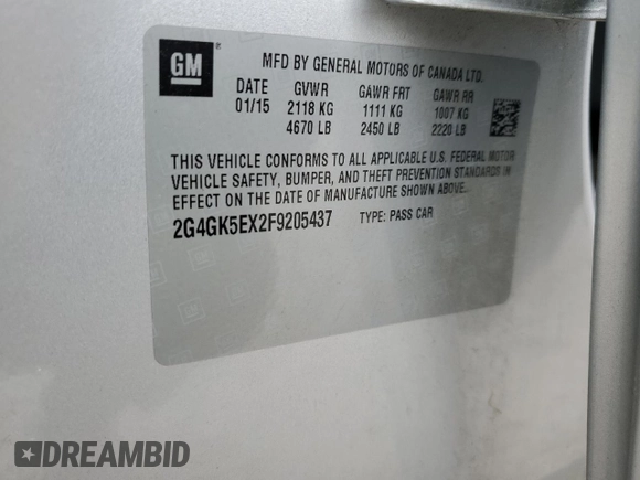 2015 Buick Regal with VIN 2G4GK5EX2F9205437, listed as a Copart auction lot 63272264 with 97,069 mi miles and Salvage Title. Bid and sale history available at DreamBid. Image 12.