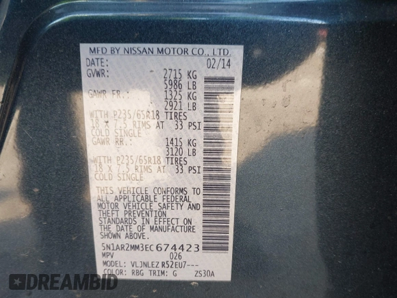 2014 Nissan Pathfinder SV with VIN 5N1AR2MM3EC674423, listed as a IAAI auction lot 41801189 with 184,156 mi miles. Bid and sale history available at carsss.com. Image 9.