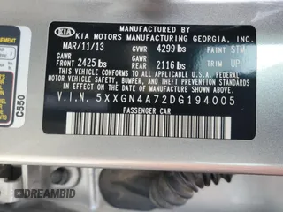 2013 Kia Optima EX with VIN 5XXGN4A72DG194005, listed as a Copart auction lot 50918085 with 80,615 mi miles and Salvage Title. Bid and sale history available at carsss.com. Image 12.