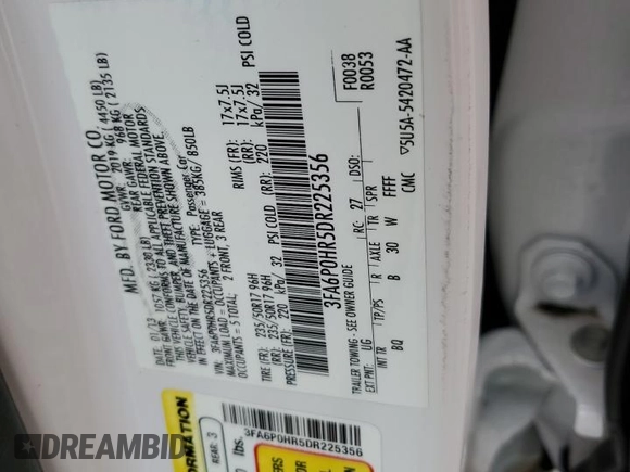2013 Ford Fusion SE with VIN 3FA6P0HR5DR225356, listed as a Copart auction lot 49355835 with 105,085 mi miles and Salvage Title. Bid and sale history available at DreamBid. Image 12.