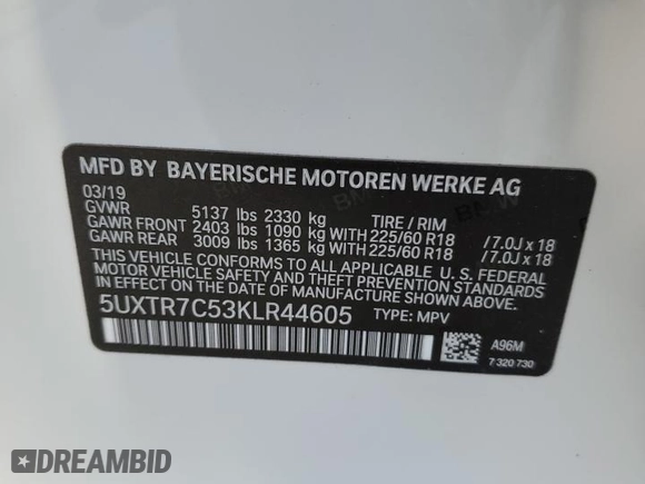 2019 BMW X3 sDrive30i with VIN 5UXTR7C53KLR44605, listed as a Copart auction lot 47634085 with 89,444 mi miles and Salvage Title. Bid and sale history available at carsss.com. Image 14.