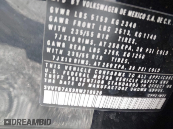 2024 Volkswagen Tiguan with VIN 3VVTB7AX9RM218526, listed as a IAAI auction lot 42564195 with Not provided miles and . Bid and sale history available at DreamBid. Image 9.