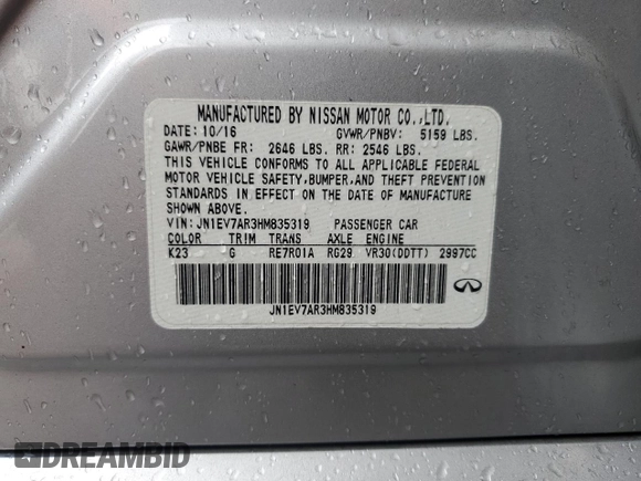 2017 Infiniti Q50 Premium с VIN JN1EV7AR3HM835319, выставлен на аукционе Copart как лот 56049225 с пробегом 114 486 миль миль и Списание • Salvage title. История ставок и продаж доступна на DreamBid. Изображение 12.