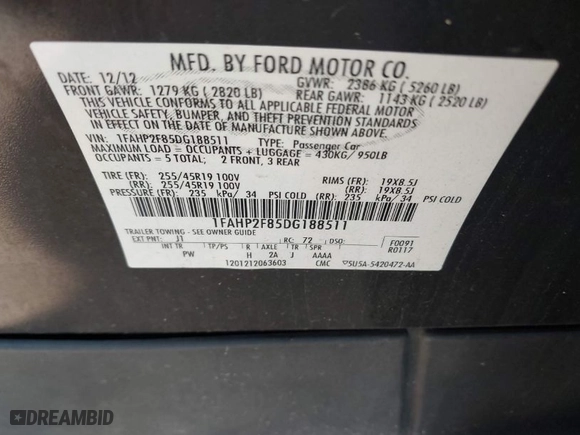 2013 Ford Taurus Limited with VIN 1FAHP2F85DG188511, listed as a IAAI auction lot 42077614 with 165,059 mi miles. Bid and sale history available at carsss.com. Image 9.