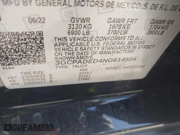 2022 Chevrolet Silverado 1500 RST with VIN 3GCPADED4NG614504, listed as a IAAI auction lot 41819300 with Not Provided miles and . Bid and sale history available at DreamBid. Image 9.