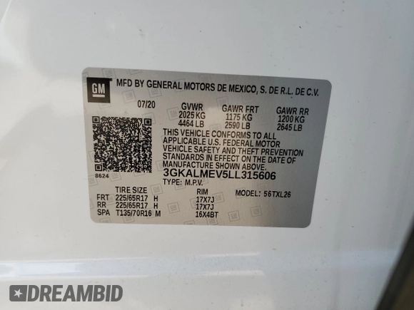 2020 GMC Terrain SLE с VIN 3GKALMEV5LL315606, выставлен на аукционе Copart как лот 59341965 с пробегом 52 534 миль миль и Списание • Salvage title. История ставок и продаж доступна на DreamBid. Изображение 13.