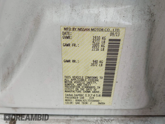 2014 Nissan Altima SL with VIN 1N4AL3AP0EC137458, listed as a IAAI auction lot 41953124 with 163,583 mi miles and . Bid and sale history available at DreamBid. Image 9.