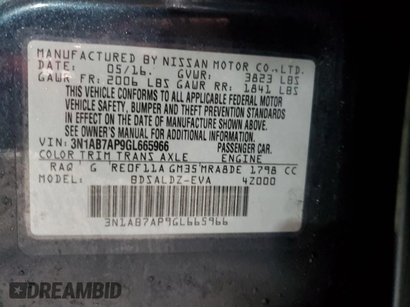 2016 Nissan Sentra SR with VIN 3N1AB7AP9GL665966, listed as a Copart auction lot 46594565 with 77,325 mi miles and Salvage Title. Bid and sale history available at DreamBid. Image 13.