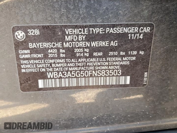 2015 BMW 3 Series 328i с VIN WBA3A5G50FNS83503, выставлен на аукционе Copart как лот 62821095 с пробегом 81 628 миль миль и Списание • Salvage title. История ставок и продаж доступна на DreamBid. Изображение 12.