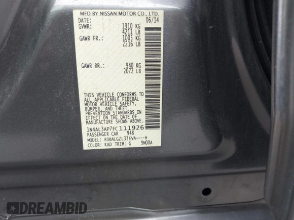2015 Nissan Altima S with VIN 1N4AL3AP7FC111926, listed as a IAAI auction lot 41892305 with 65,145 mi miles and . Bid and sale history available at DreamBid. Image 9.