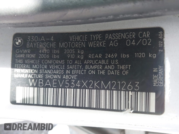 2002 BMW 3 Series 330i with VIN WBAEV534X2KM21263, listed as a IAAI auction lot 41655115 with 250,001 mi miles and . Bid and sale history available at DreamBid. Image 9.