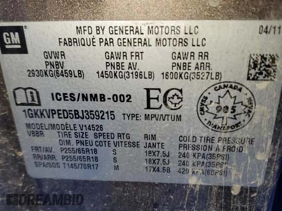 2011 GMC Acadia SLE with VIN 1GKKVPED5BJ359215, listed as a Copart auction lot 87030824 with 237,319 mi miles and Salvage Title. Bid and sale history available at carsss.com. Image 13.