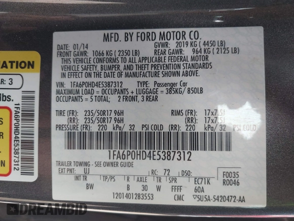 2014 Ford Fusion SE with VIN 1FA6P0HD4E5387312, listed as a IAAI auction lot 41735859 with 152,805 mi miles and . Bid and sale history available at DreamBid. Image 9.