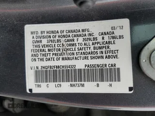 2012 Honda Civic EX with VIN 2HGFB2F88CH554322, listed as a Copart auction lot 55303165 with 192,132 mi miles and Salvage Title. Bid and sale history available at DreamBid. Image 12.