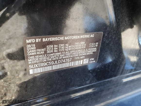 2018 BMW X3 xDrive30i with VIN 5UXTR9C59JLD74767, listed as a Copart auction lot 48025785 with 75,833 mi miles and Salvage Title. Bid and sale history available at carsss.com. Image 13.