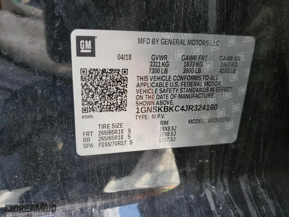 2018 Chevrolet Tahoe LT with VIN 1GNSKBKC4JR324160, listed as a Copart auction lot 46373385 with 123,196 mi miles and Salvage Title. Bid and sale history available at carsss.com. Image 14.
