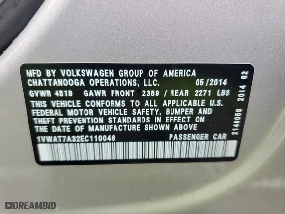 2014 Volkswagen Passat Wolfsburg Ed with VIN 1VWAT7A32EC110046, listed as a Copart auction lot 48261765 with 166,229 mi miles and Clean Title. Bid and sale history available at carsss.com. Image 12.