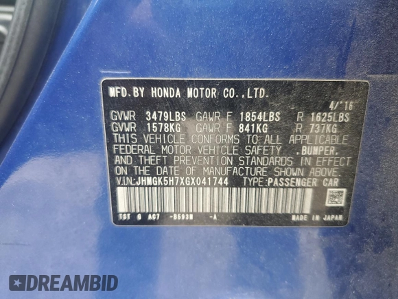 2016 Honda Fit EX with VIN JHMGK5H7XGX041744, listed as a Copart auction lot 60459835 with 76,698 mi miles and Salvage title. Bid and sale history available at DreamBid. Image 12.