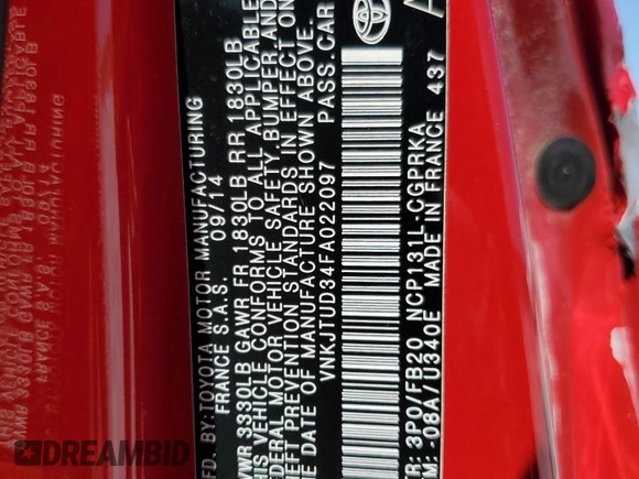 2015 Toyota Yaris L with VIN VNKJTUD34FA022097, listed as a Copart auction lot 53857825 with 106,680 mi miles and Salvage title. Bid and sale history available at DreamBid. Image 12.