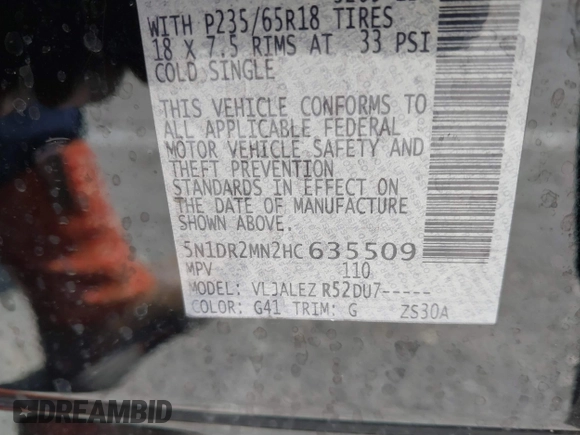 2017 Nissan Pathfinder SL with VIN 5N1DR2MN2HC635509, listed as a IAAI auction lot 41910907 with 83,459 mi miles and . Bid and sale history available at DreamBid. Image 9.