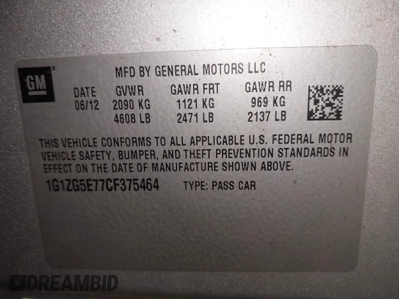2012 Chevrolet Malibu LTZ with VIN 1G1ZG5E77CF375464, listed as a IAAI auction lot 41509140 with 197,329 mi miles and . Bid and sale history available at DreamBid. Image 9.