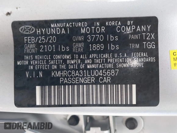 2020 Hyundai Venue SEL with VIN KMHRC8A31LU045687, listed as a IAAI auction lot 42244909 with 57,048 mi miles and . Bid and sale history available at DreamBid. Image 9.