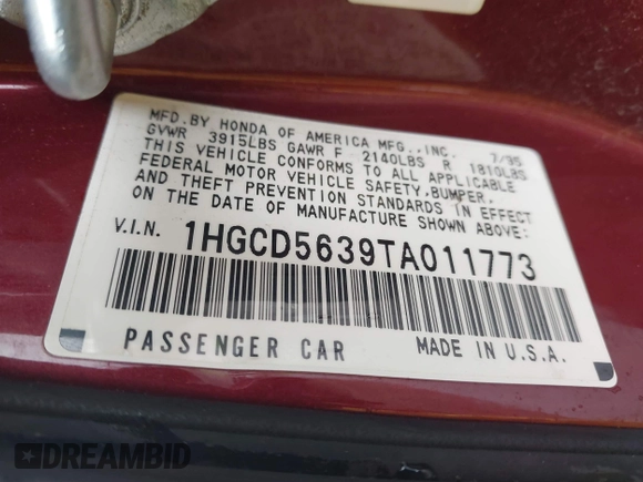 1996 Honda Accord LX with VIN 1HGCD5639TA011773, listed as a IAAI auction lot 41583086 with 148,439 mi miles and . Bid and sale history available at carsss.com. Image 9.