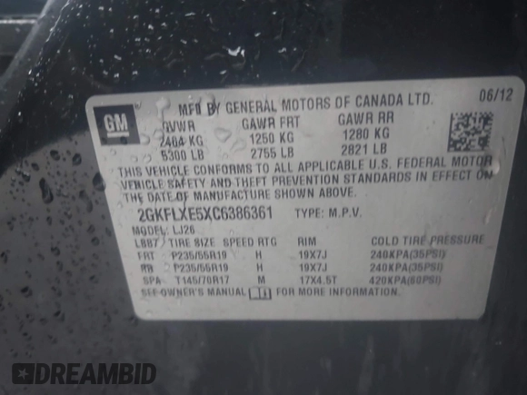 2012 GMC Terrain SLT-2 with VIN 2GKFLXE5XC6386361, listed as a IAAI auction lot 42241438 with 246,220 mi miles and . Bid and sale history available at DreamBid. Image 9.