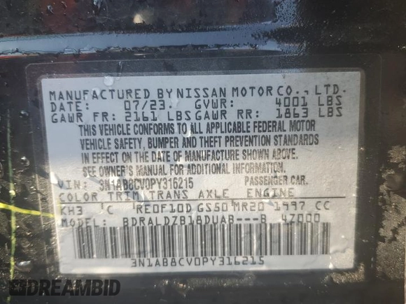 2023 Nissan Sentra SV with VIN 3N1AB8CV0PY316215, listed as a Copart auction lot 48631045 with 63,233 mi miles and Salvage Title. Bid and sale history available at DreamBid. Image 12.