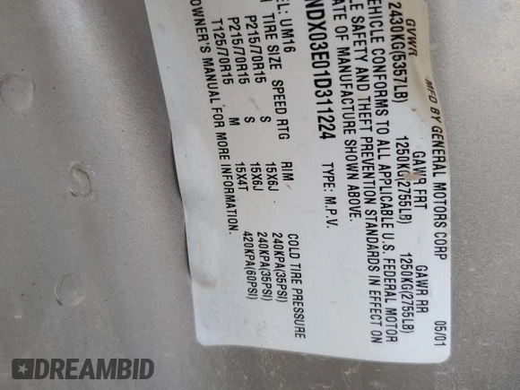 2001 Chevrolet Venture Plus Y3H Mobility z VIN 1GNDX03E01D311224, wystawiony jako Copart lot #67398874 z przebiegiem 123 170 mil mil oraz Szkoda całkowita • Salvage title. Historia ofert i sprzedaży dostępna na DreamBid. Obrazek 15.