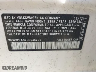 2013 Volkswagen CC Sport with VIN WVWBP7AN2DE546296, listed as a IAAI auction lot 41763823 with 102,028 mi miles. Bid and sale history available at carsss.com. Image 9.