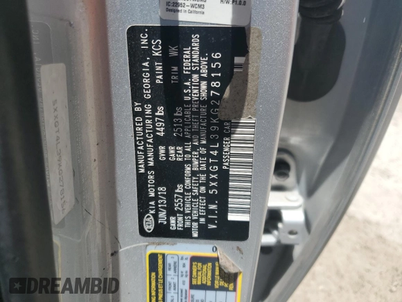 2019 Kia Optima LX with VIN 5XXGT4L39KG278156, listed as a Copart auction lot 65184395 with 158,414 mi miles and Clean title. Bid and sale history available at DreamBid. Image 12.