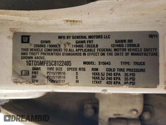 2012 GMC Canyon SLE1 with VIN 1GTD5MFE5C8122405, listed as a Copart auction lot 57487275 with 273,178 mi miles and Clean title. Bid and sale history available at DreamBid. Image 12.