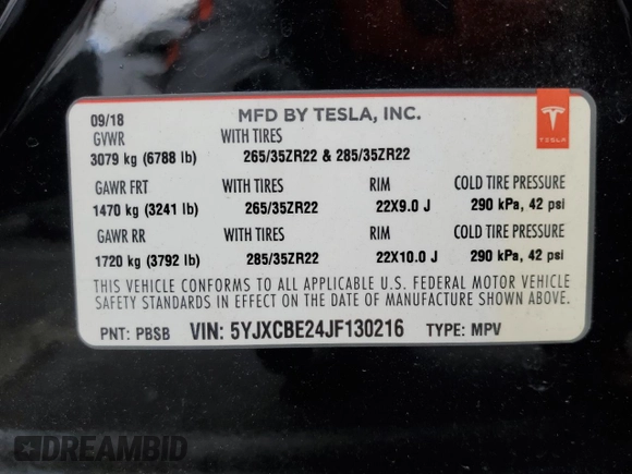 2018 Tesla Model X 75D with VIN 5YJXCBE24JF130216, listed as a Copart auction lot 48894215 with 75,694 mi miles and Salvage Title. Bid and sale history available at carsss.com. Image 13.