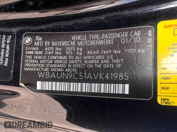 2010 BMW 1 Series 135i with VIN WBAUN9C51AVK41985, listed as a Copart auction lot 85383524 with 111,260 mi miles and Clean Title. Bid and sale history available at carsss.com. Image 10.