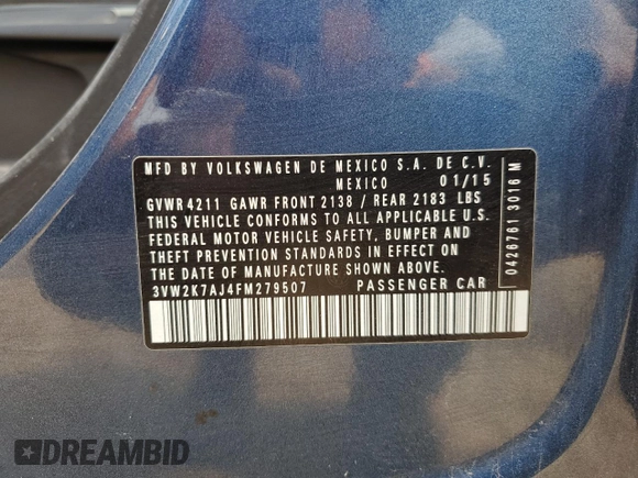 2015 Volkswagen Jetta S с VIN 3VW2K7AJ4FM279507, выставлен на аукционе Copart как лот 51367325 с пробегом 144 195 миль миль и Чистый • Clean title. История ставок и продаж доступна на DreamBid. Изображение 12.