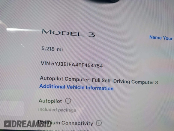 2023 Tesla Model 3 z VIN 5YJ3E1EA4PF454754, wystawiony jako IAAI lot #42665785 z przebiegiem 5 218 mil mil oraz . Historia ofert i sprzedaży dostępna na DreamBid. Obrazek 9.